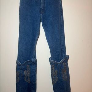 Y/Project Blue Denim Jeans with Tan Leather Logo Patch